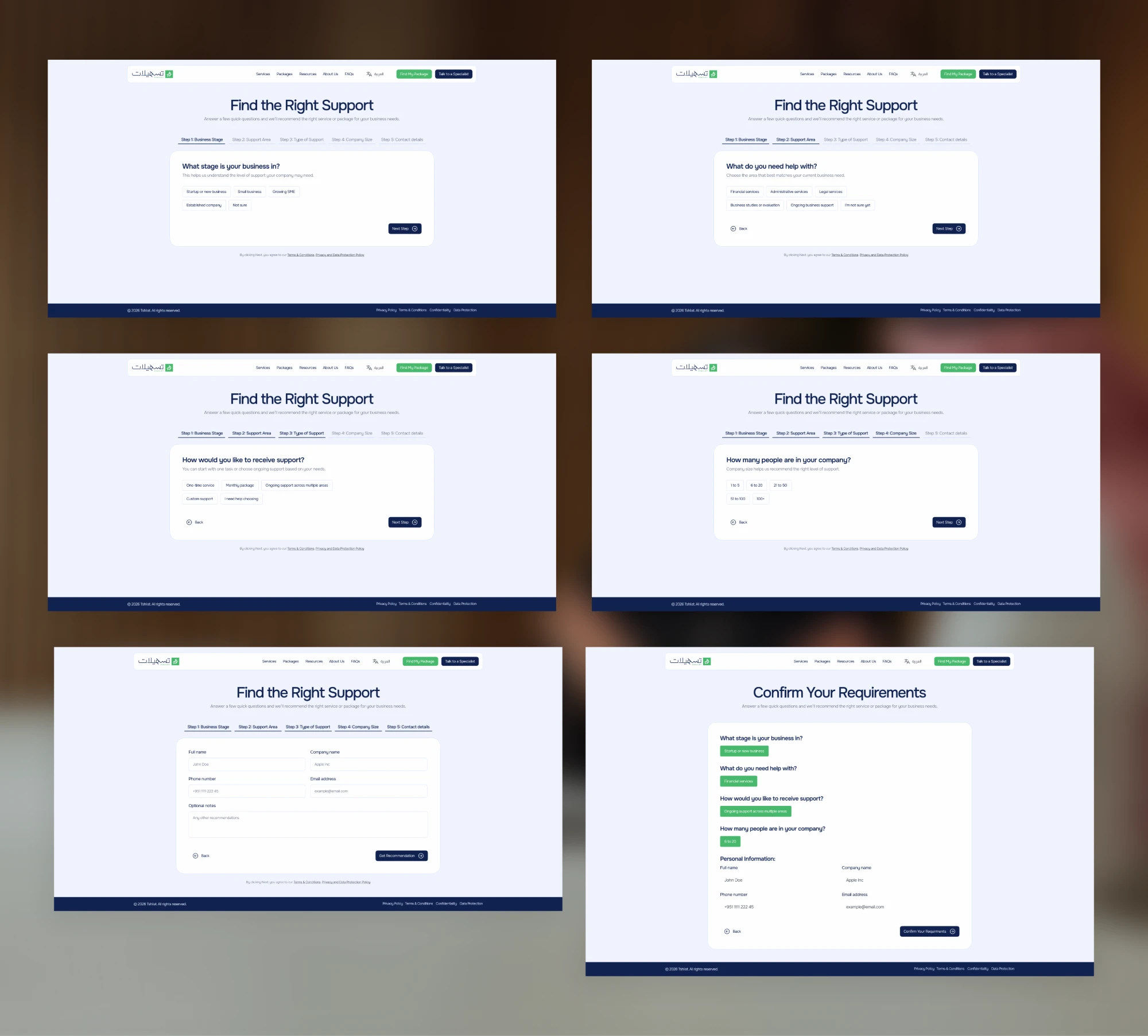 The five steps of the Find My Package form plus the Confirm Your Requirements screen