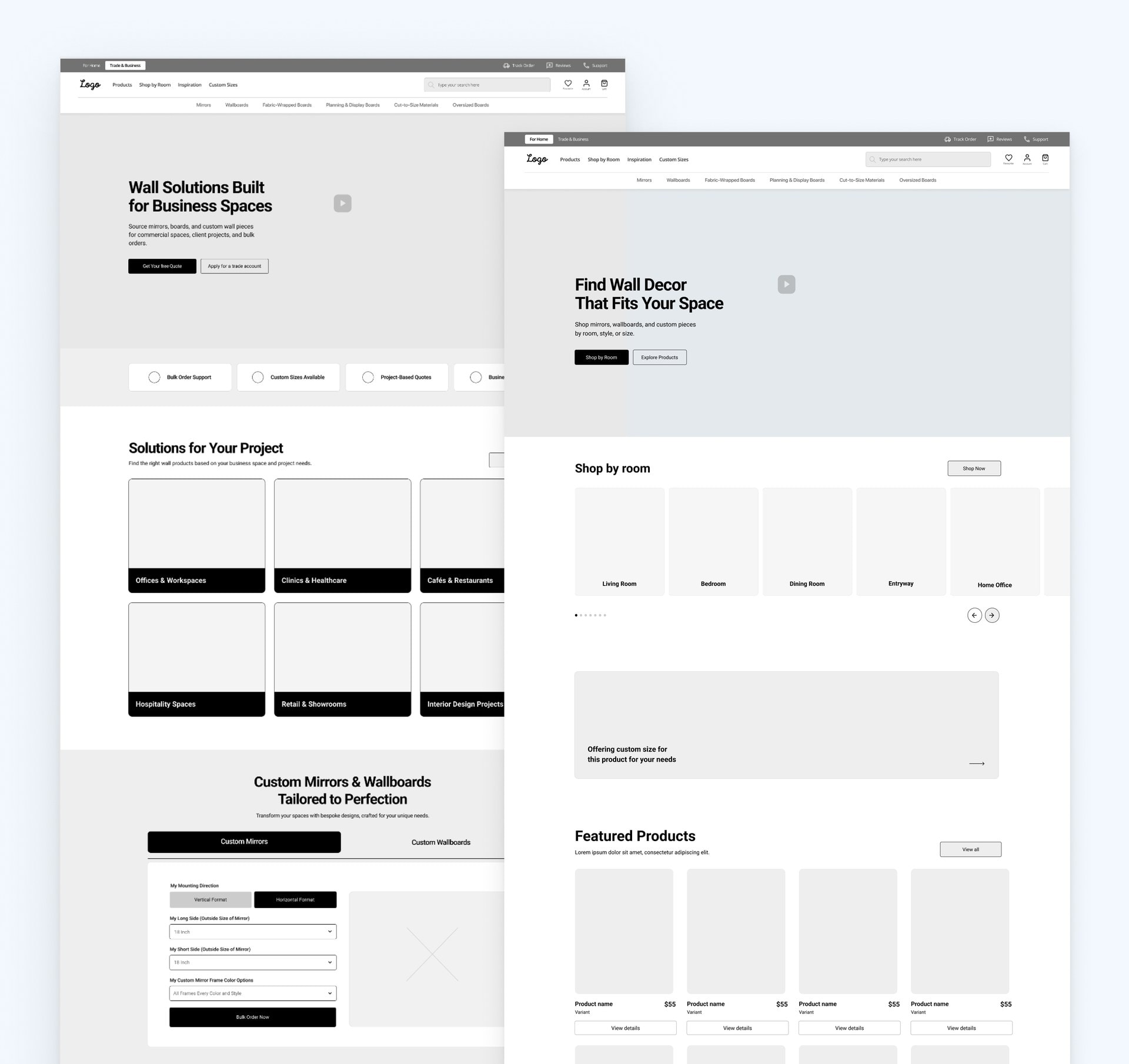 Wall Decor Superstore wireframes: the Trade & Business homepage and the For Home homepage side by side