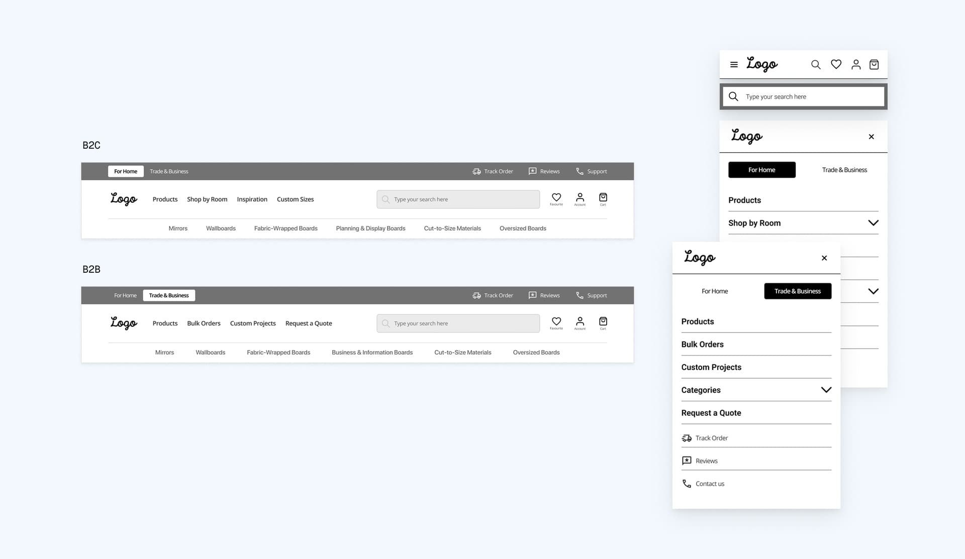 Header switch between For Home and Trade & Business, showing different main links for each mode on desktop and mobile