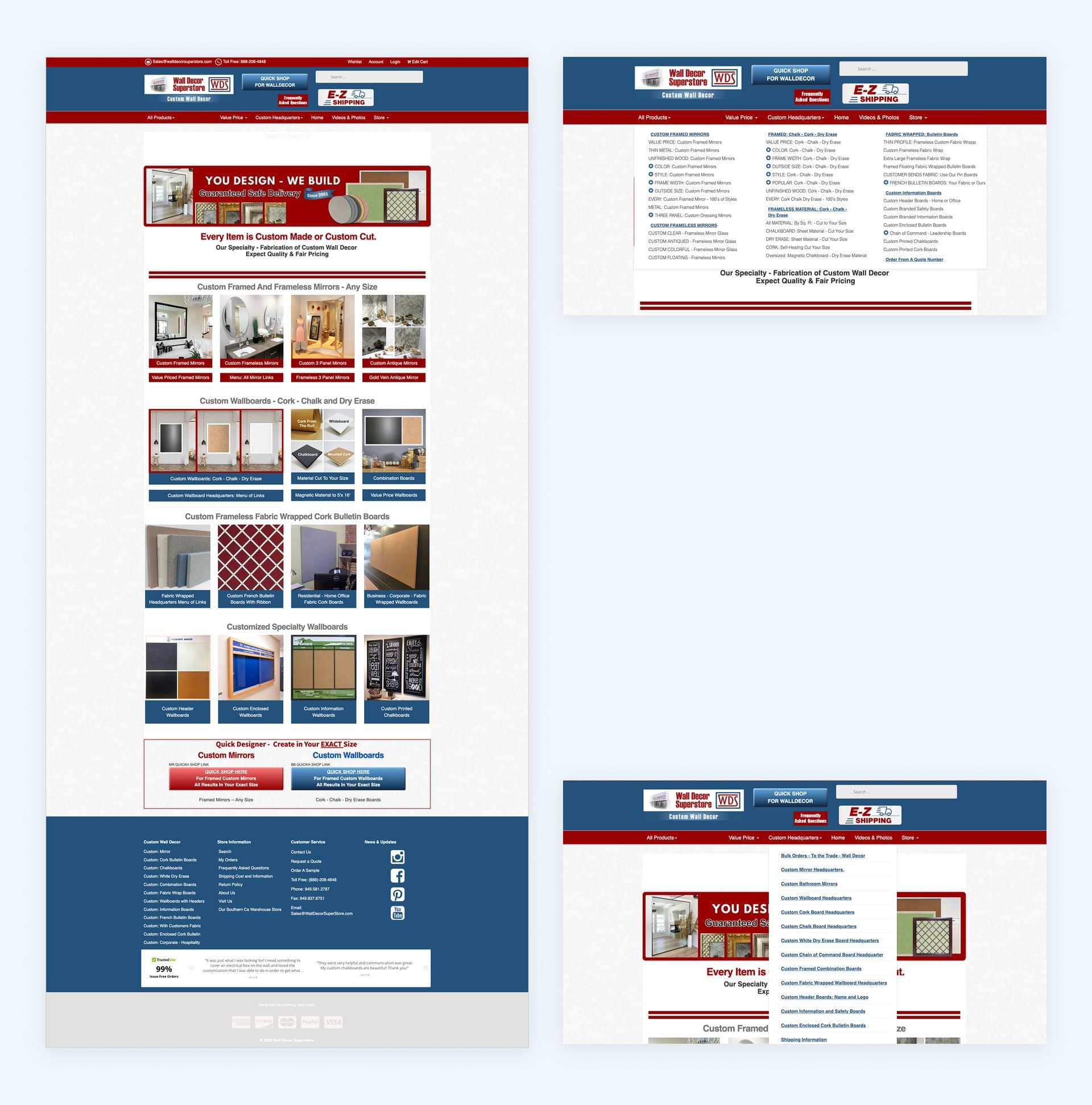 Wall Decor Superstore's old homepage, with the All Products and Custom Headquarters menus open, showing dozens of custom category links