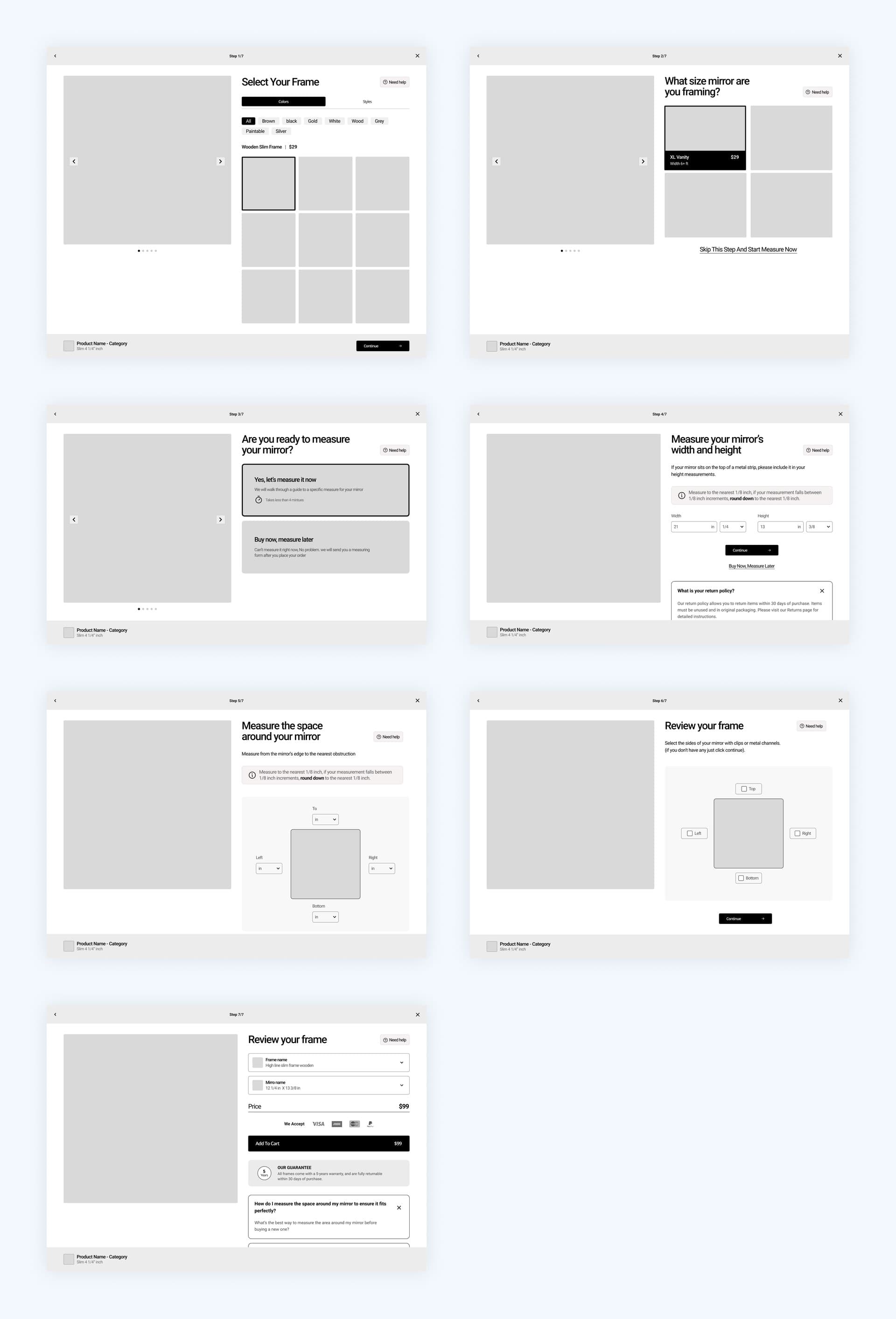 Seven-step custom mirror frame configurator: select a frame, choose the mirror size, measure now or later, enter width and height, measure the space around the mirror, mark clips or channels, and review before adding to cart