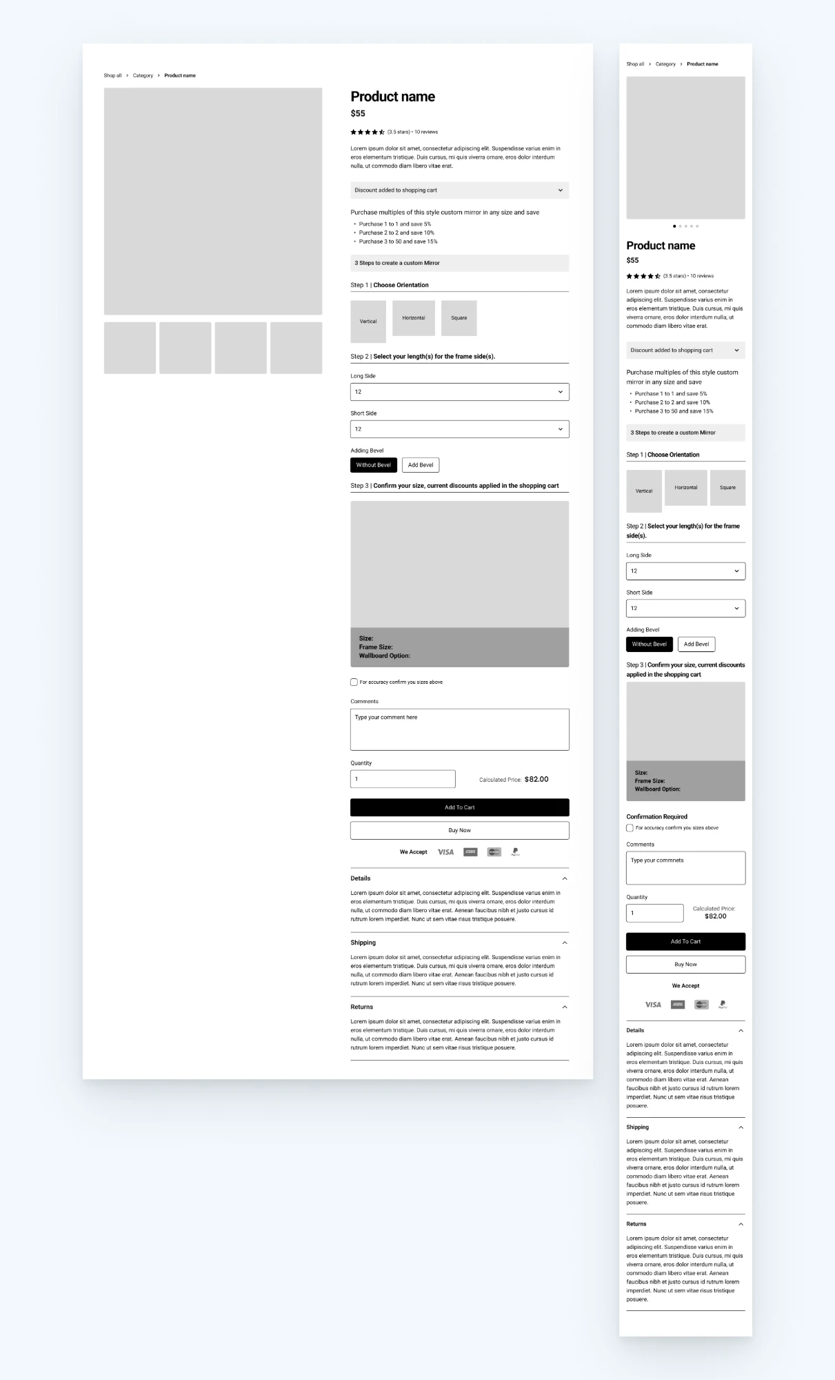 Product page wireframe on desktop and mobile, with a 3-step custom mirror builder, multi-buy discounts, an order summary, a confirmation checkbox, Add to cart and Buy now buttons, a We Accept payment row and expandable details, shipping and returns