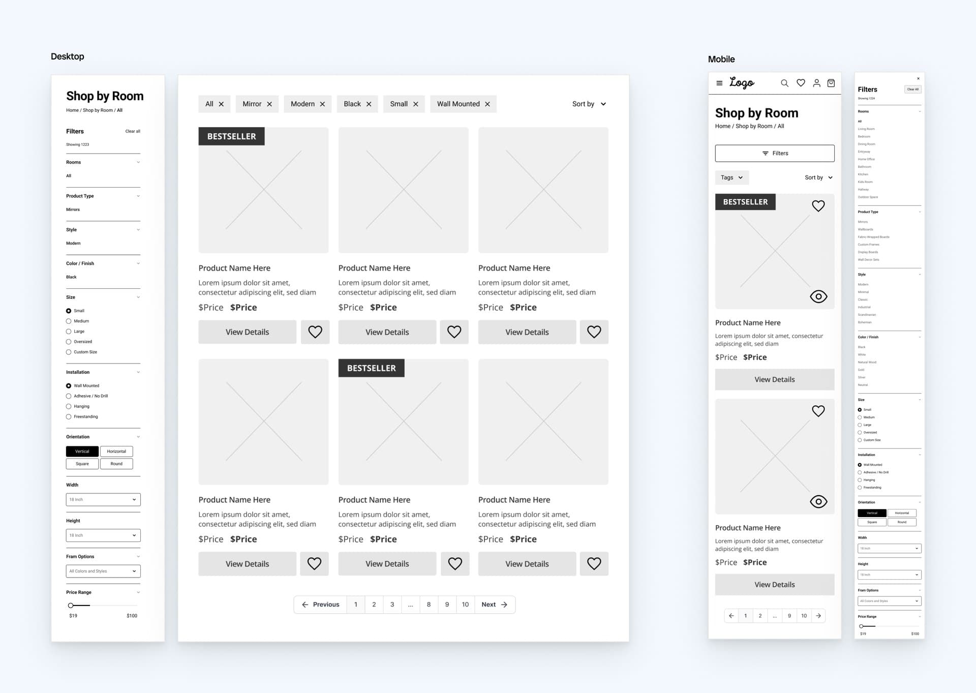 Shop by Room wireframe on desktop and mobile, with filters for room, product type, style, color, size, installation, orientation, dimensions and price