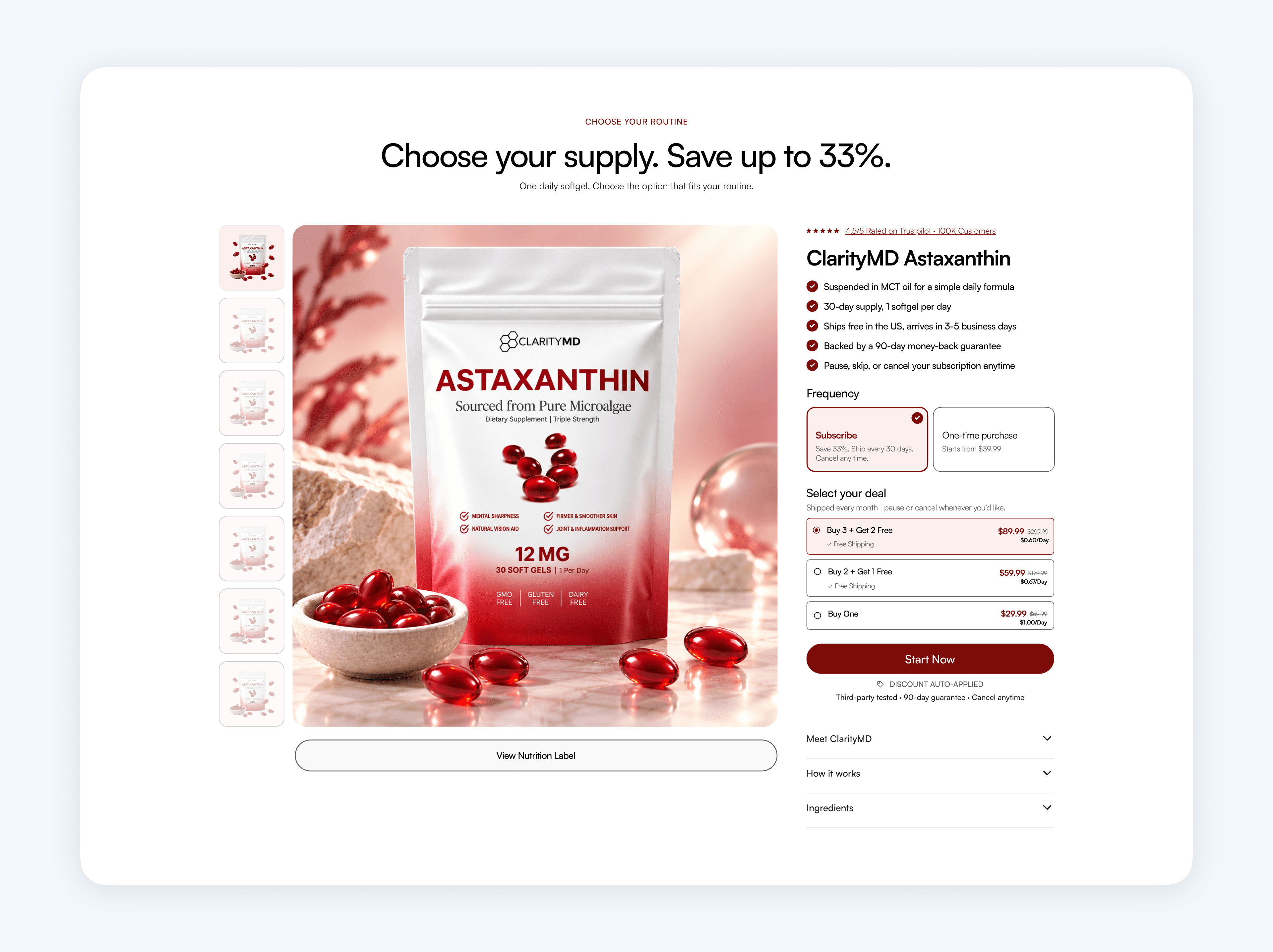 ClarityMD product card showing bundles with cost per day